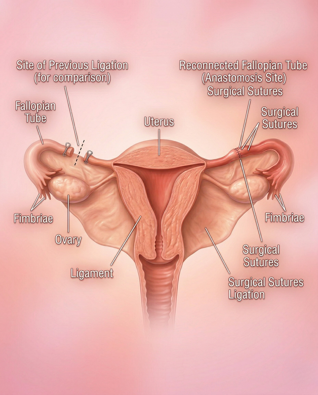 Medical illustration of a tubal reversal procedure
